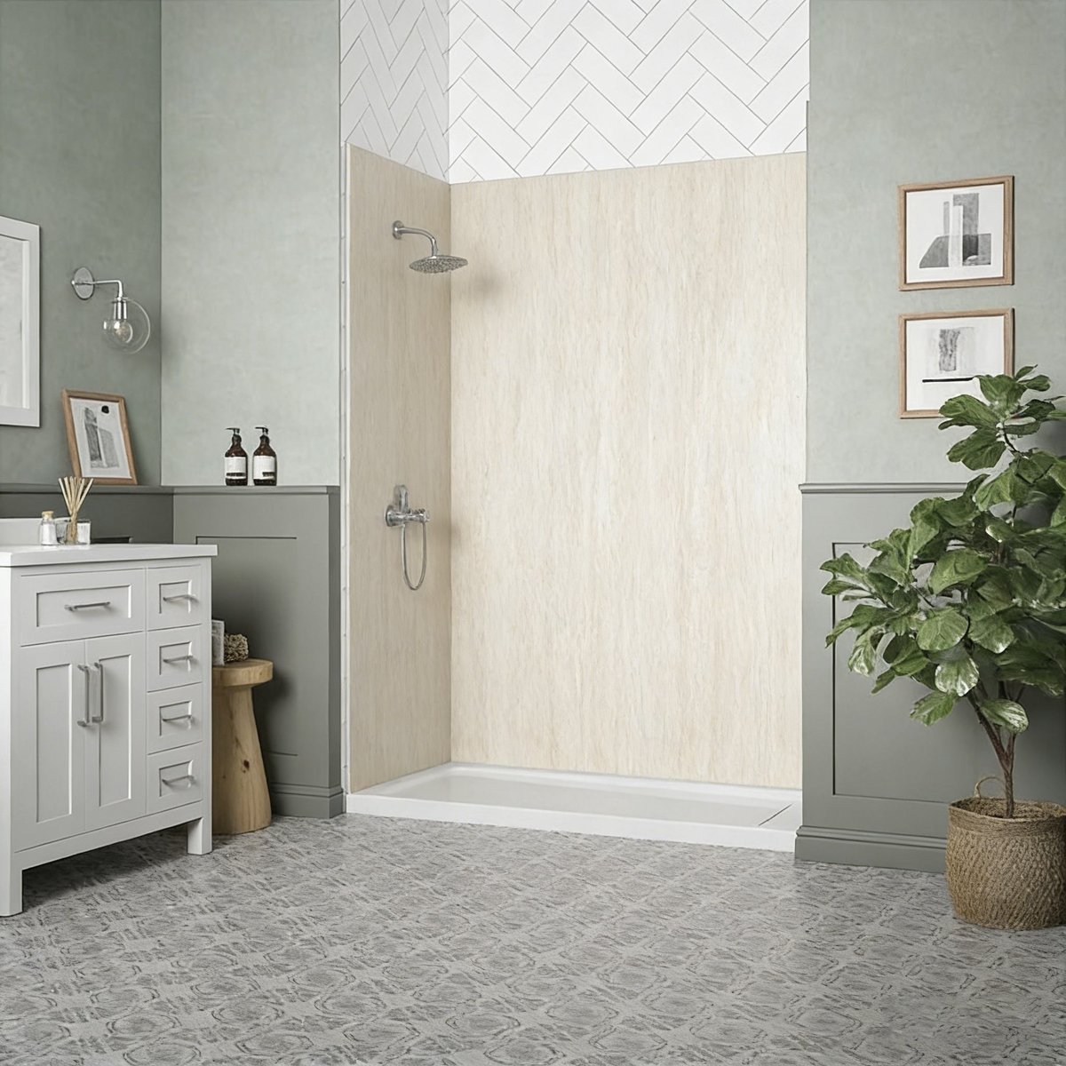 Waterproof SPC Alcove Shower Wall Panel System With Linear Stripes For Eu Distributors
